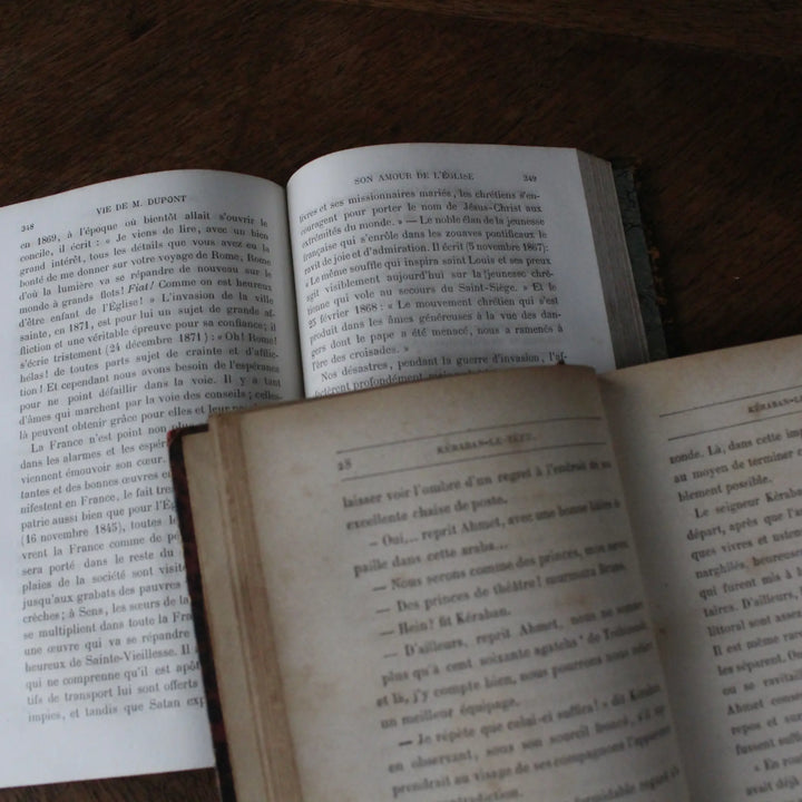 アンティークブック 革装丁の古書 フランス｜本文ページを開いた様子。フランス語の古い活字