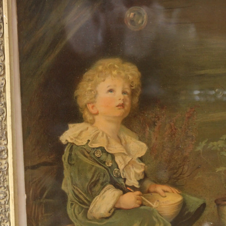 アンティーク 額装プリント シャボン玉 ミレイ イギリス 1920年代頃 少年が座る絵柄の全体