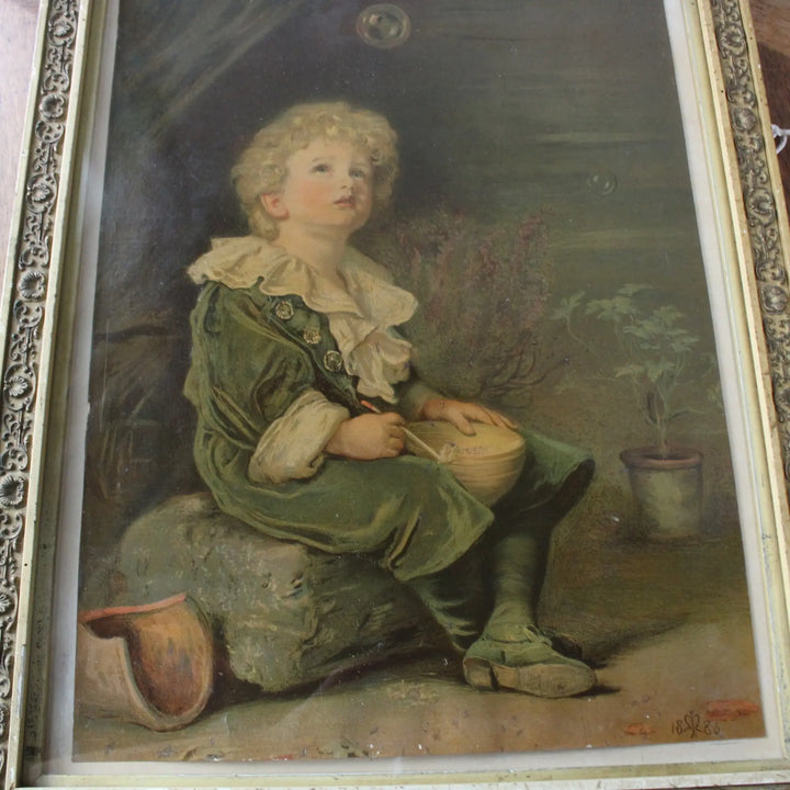 アンティーク 額装プリント シャボン玉 ミレイ イギリス 1920年代頃 斜めから見た絵柄と鉢植えの描写