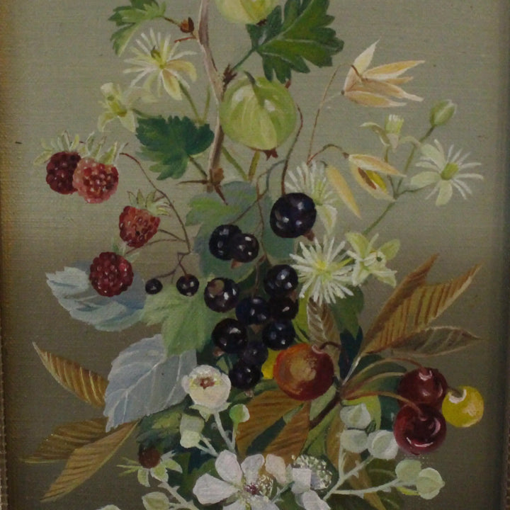 ヴィンテージ油彩画 木の実と花の静物 イギリス 1960年代頃 木の実と草花の絵柄のクローズアップ