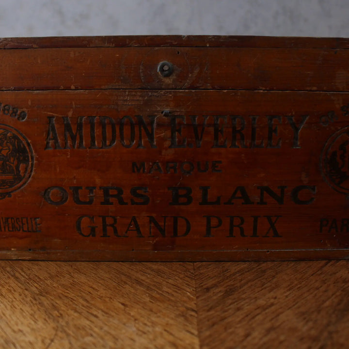 アンティーク ウッドボックス フランス 前面プリントAMIDON EVERLEY MARQUE OURS BLANCのアップ
