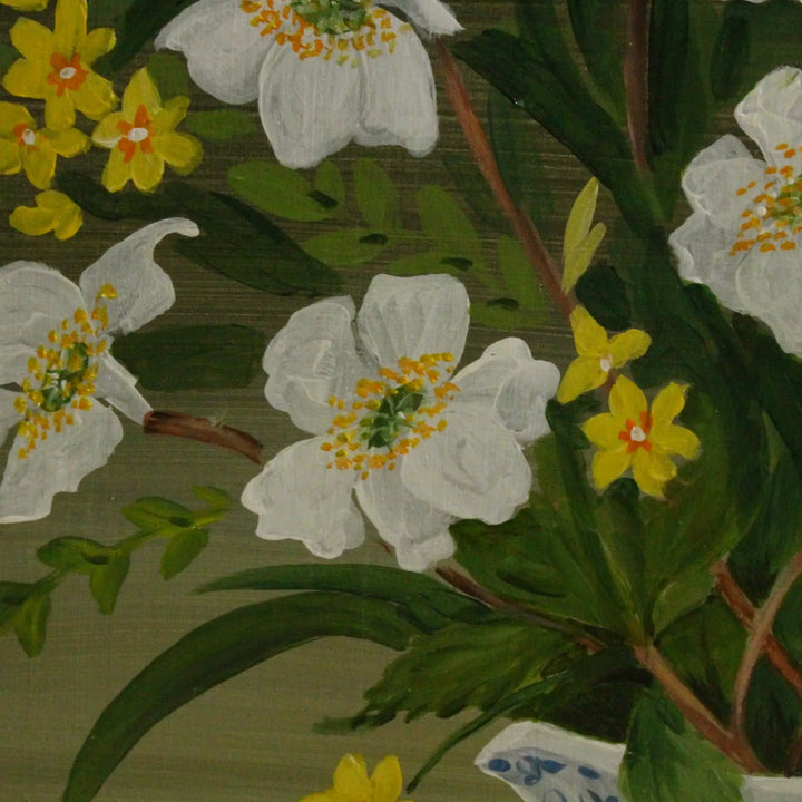 ヴィンテージ 手描きフラワースクリーン イギリス 1997年頃 白い花と黄色い小花のアップ