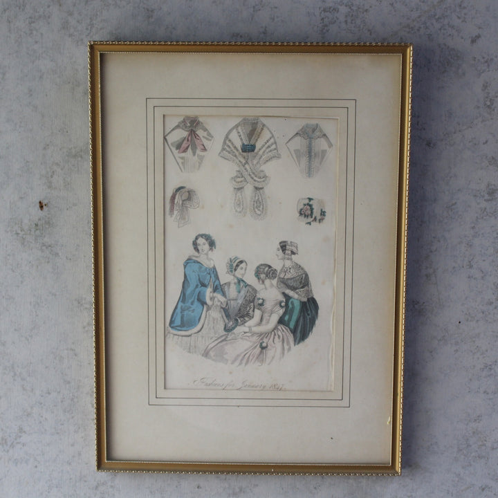 アンティークリトグラフピクチャー ファッション画 Le Moniteur des Dames et des Demoiselles 石版画絵 1847年 フランス