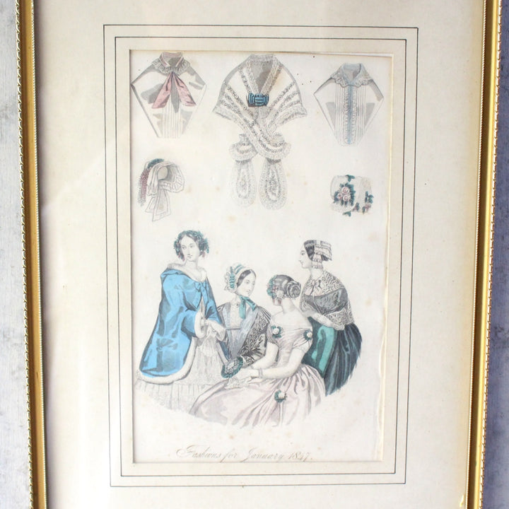 アンティークリトグラフピクチャー ファッション画 Le Moniteur des Dames et des Demoiselles 石版画絵 1847年 フランス