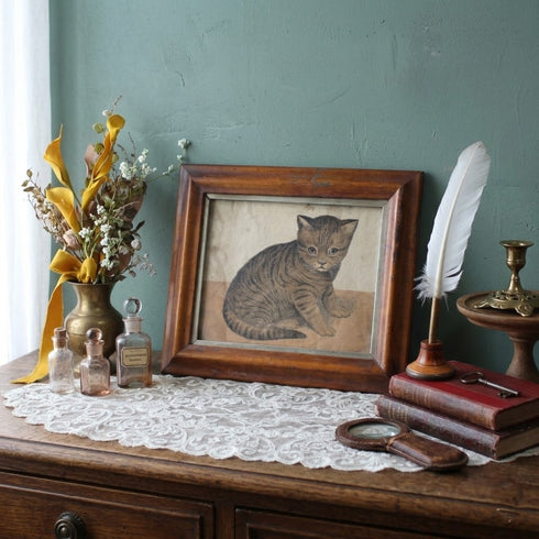 1900年代初期フランスのアンティークプリント、木製フレーム入りの子猫画1