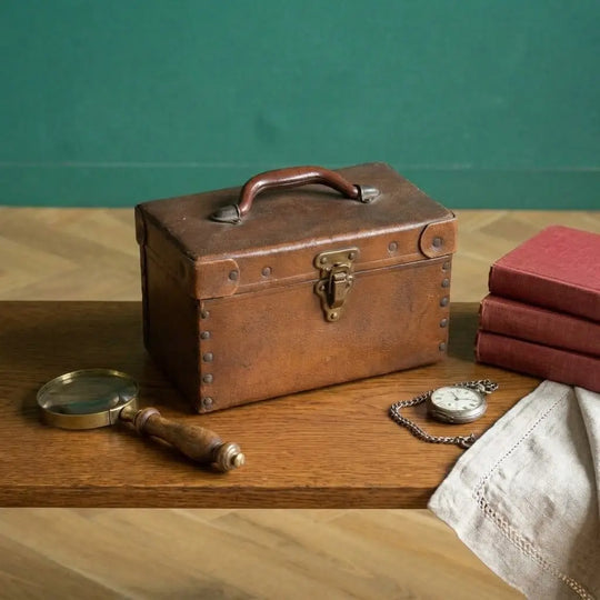 アンティーク ミニレザートランク イギリス 1900年代初期頃 全体の雰囲気 懐中時計や古書と一緒に