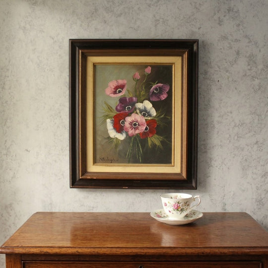 ヴィンテージ油絵 アネモネの花束 静物画 木製額縁 イギリス