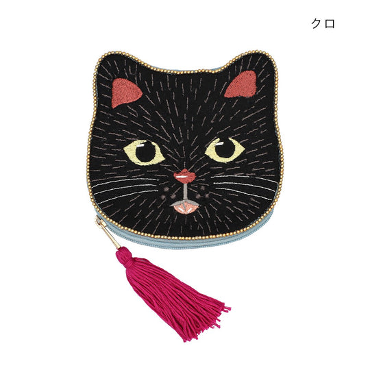猫ビーズポーチ クロ 刺繍 タッセル付き