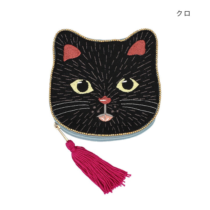 猫ビーズポーチ クロ 刺繍 タッセル付き